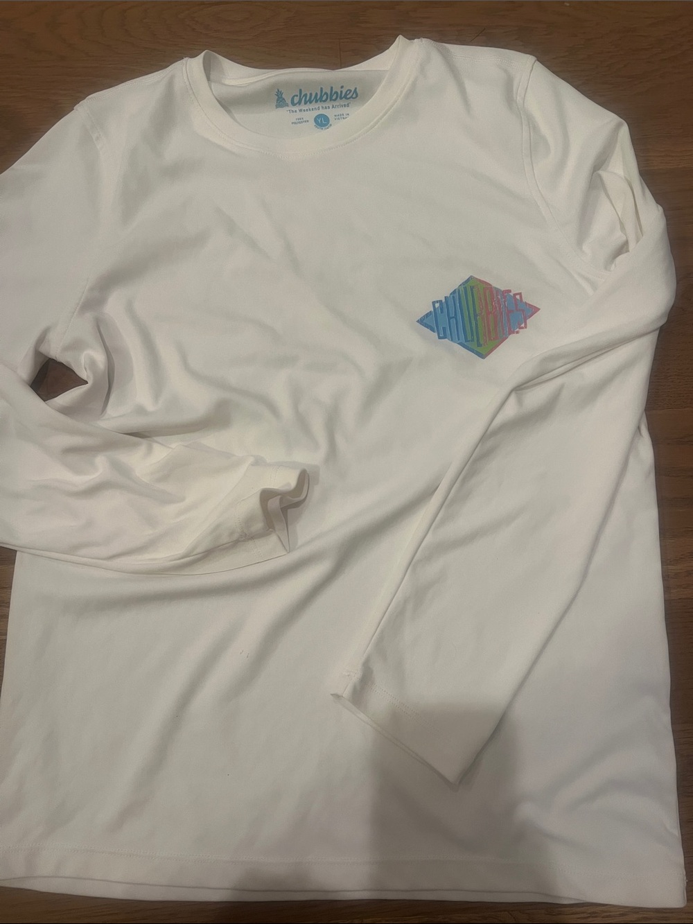 chubbies White Long Sleeve Tee with Pastel Rainbow Chest Logo